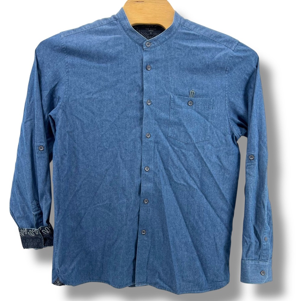 Ted Baker London Blue Cotton‎ Band Collar Roll Tab Denim Shirt Size 5 XL